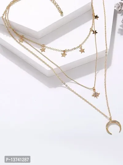 Vembley Combo of 2 Gorgeous Gold Plated Triple Layered Heart Lock  Moon Star Necklace For Women and Girls-thumb2