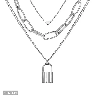 Vembley Silver Three Layered Heart Lock Chain Necklace For Girls And Women