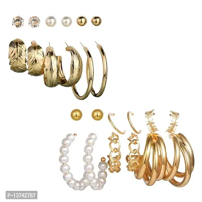 Vembley Combo of 12 Pair Stylish Gold Plated Chain  Pearl Hoop, Hoop and Studs Earrings For Women and Girls