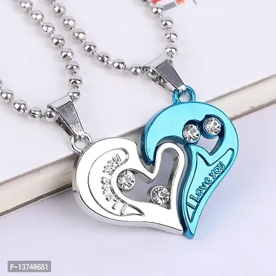 Vembley Loveable Blue Silver Stainless Steel I Love You Broken Heart Pendant Necklace-thumb4