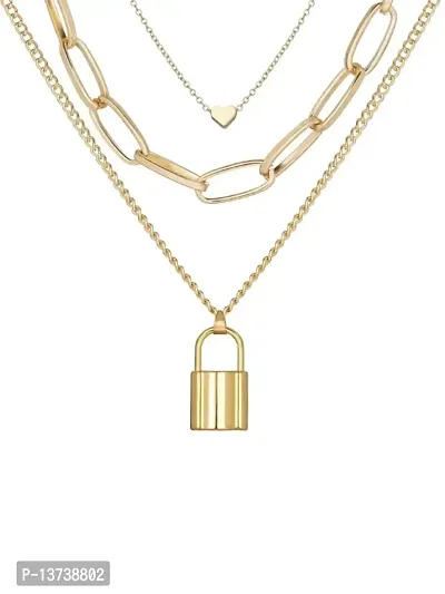 Vembley Stunning Gold Plated Triple Layered Heart and Lock Pendant Necklace-thumb0