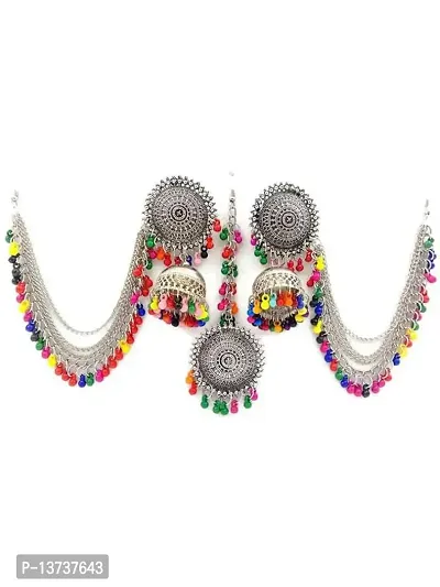 Vembley Traditional Antique Multicolor Beats Bahubali Long Chain Jhumka Earrings With Mang Tikka For Women and Girls-thumb4
