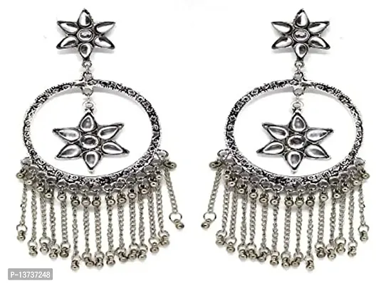 Vembley Oxidised Silver Moon Star Chandelier Chandbali Large Long Traditional Earring For Women and Girls