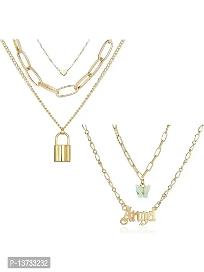 Vembley Pack of 2 Gorgeous Gold Plated Layered Heart Lock  Butterfly Angel Pendant Necklace For Women and Girls