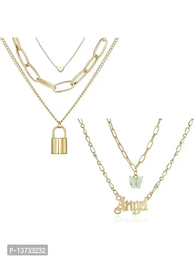 Vembley Pack of 2 Gorgeous Gold Plated Layered Heart Lock  Butterfly Angel Pendant Necklace For Women and Girls-thumb0