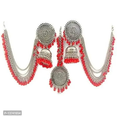 Vembley Traditional Red Beads Maang Tika With Chain Jhumka Earrings For Girls And Women-thumb0