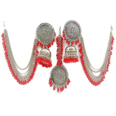 Vembley Traditional Red Beads Maang Tika With Chain Jhumka Earrings For Girls And Women