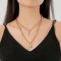 Vembley Charming Gold Plated Double Layered Lock and Key Pendant Necklace for Women and Girls-thumb1