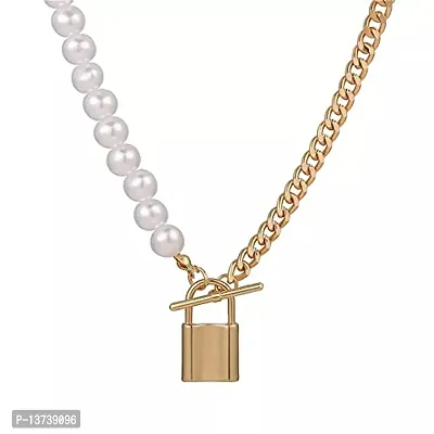 Vembley Stunning Gold Plated Pearl and Chainlink Lock Pendant Necklace for Women and Girls-thumb0
