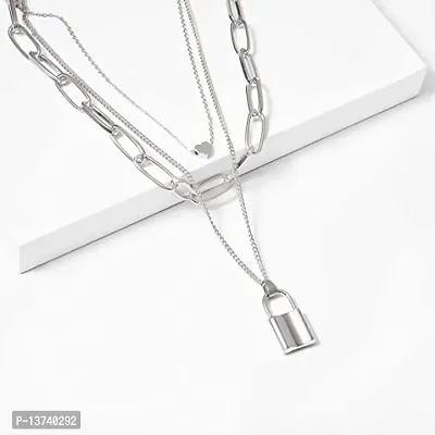 Vembley Silver Three Layered Heart Lock Chain Necklace For Girls And Women-thumb2