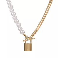 Vembley Stunning Gold Plated Pearl and Chainlink Lock Pendant Necklace for Women and Girls-thumb1