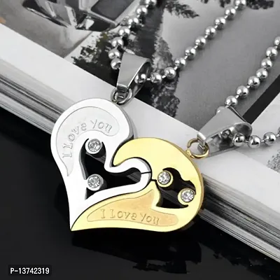 Vembley 2 Pcs Golden-Silver Heart I Love You Couple Pendant Necklace For Men And Women-thumb2