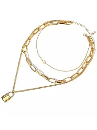 Vembley Stunning Gold Plated Triple Layered Heart and Lock Pendant Necklace-thumb2