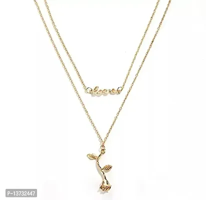 Vembley Pretty Gold Plated Double Layered Love and Rose Pendant Necklace for Women and Girls