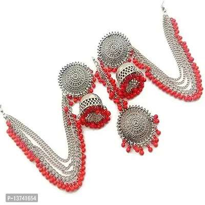 Vembley Traditional Red Beads Maang Tika With Chain Jhumka Earrings For Girls And Women-thumb5