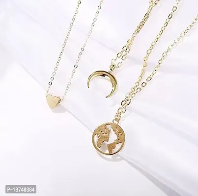 Vembley Pack Of 2 Charming Gold Plated Triple Layered Stars Half Moon and Earth Pendant Necklace for Women and Girls-thumb2