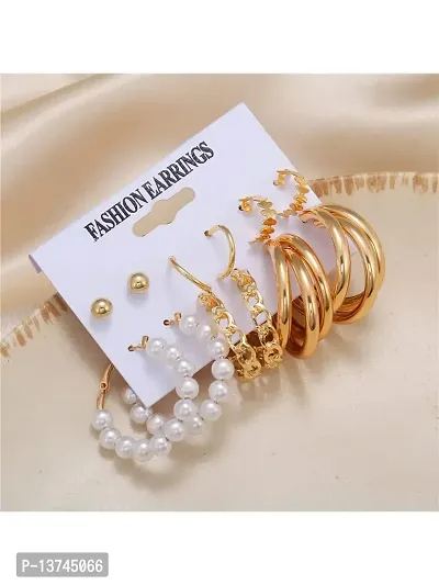 Vembley Combo of 12 Pair Stunning Gold Plated Chain  Pearl Hoop, Hoop  Studs Earrings For Women and Girls-thumb3