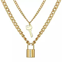 Vembley Charming Gold Plated Double Layered Lock and Key Pendant Necklace for Women and Girls-thumb2