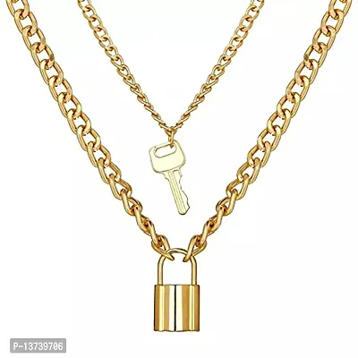 Vembley Charming Gold Plated Double Layered Lock and Key Pendant Necklace for Women and Girls-thumb3