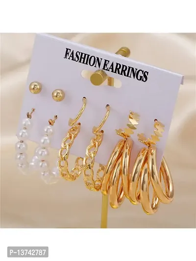 Vembley Combo of 12 Pair Stylish Gold Plated Chain  Pearl Hoop, Hoop and Studs Earrings For Women and Girls-thumb2