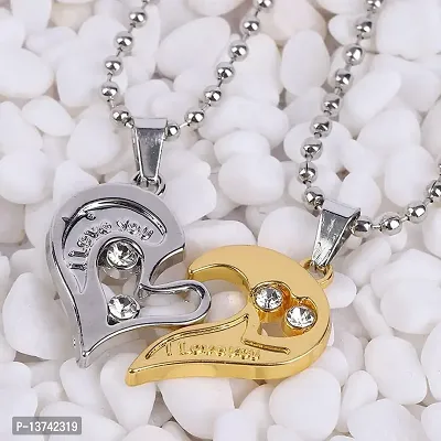 Vembley 2 Pcs Golden-Silver Heart I Love You Couple Pendant Necklace For Men And Women-thumb5