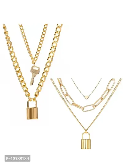 Vembley Pack of 2 Charming Gold PLated Layered Heart  Key Lock Pendant Necklace For Women and Girls