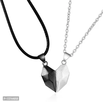 Vembley 2 Pcs Black Silver Magnetic Heart Couple Necklace For Men And Women
