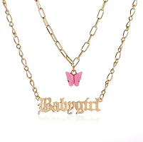 Vembley Stunning Gold Plated Double Layered Pink Butterfly and Babygirl Word Necklace for Women and Girls-thumb2