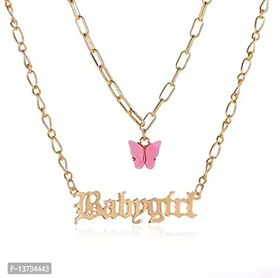 Vembley Stunning Gold Plated Double Layered Pink Butterfly and Babygirl Word Necklace for Women and Girls-thumb3