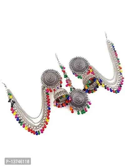 Vembley Stylish Multi Color Beads Bahubali Jhumka Earrings With Maang Tikka Set For Women and Girls-thumb3