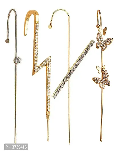 Vembley Pack Of 4 Gold Plated Stylish Zircon Studded, Cross, Thunderbolt and Butterfly and Zircon Studded Ear Cuff for Women  Girls