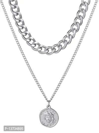 Vembley Charming Silver Plated Double Layered Vintage Coin Pendant Necklace For Women and Girls-thumb0