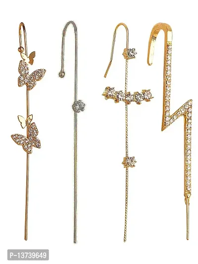 Vembley Pack Of 4 Gold Plated Stylish Zircon Studded Cross Butterfly and Zircon Studded Ear Cuff for Women  Girls