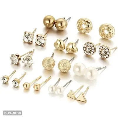 Vembley Combo Of 12 Pair Golden Studded Pearl Stud Earrings For Women and Girls-thumb0