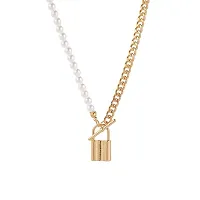 Vembley Stunning Gold Plated Pearl and Chainlink Lock Pendant Necklace for Women and Girls-thumb2