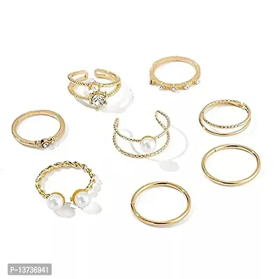 Gold Plated 8 Piece Western Simple Pearl And Diamond Open Joint Tail Ring Set For Women and Girls.