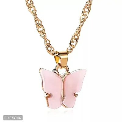 Vembley Pretty Gold Plated Pink Butterfly Pendant Necklace for Women and Girls