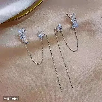 Vembley Korean Silver-plated Floral Zircon Studded Ear Cuff Threader Earrings For Women And Girls 2Pcs/Set-thumb3