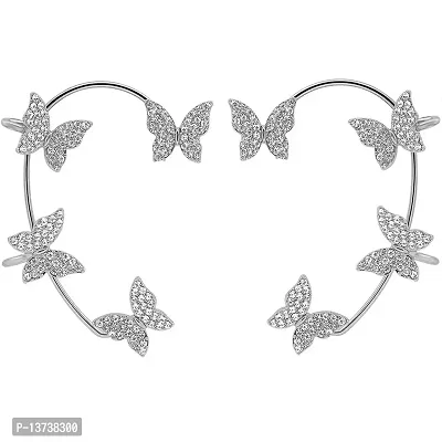 Vembley Korean Silver-plated No Piercing Zircon Butterfly Wrap Crawler Ear Cuff Earrings For Women And Girls 2Pcs/Set