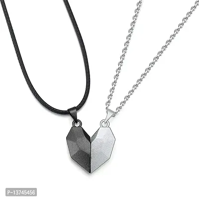Vembley 2 Pcs Black-Silver Magnet Heart Couple Pendant Necklace For Men And Women
