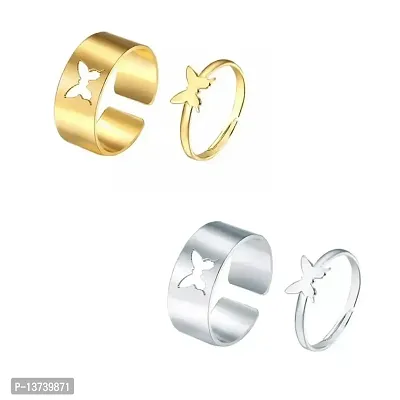 Vembley Combo Of 2 Silver and Golden Butterfly Couple Ring Matching Wrap Finger Ring for Women and Men