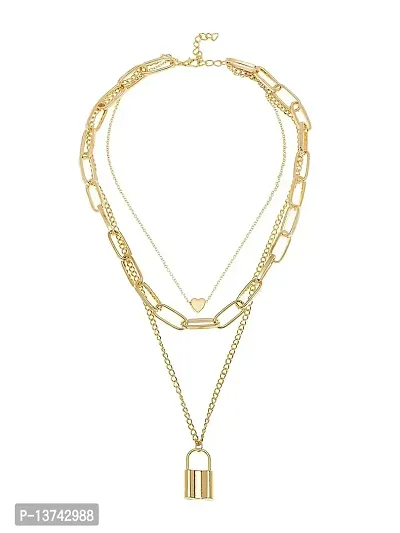 Vembley Pretty Golden Heart Lock Pendant Layered Necklace For Women and Girls