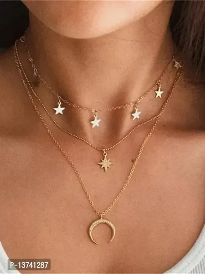 Vembley Combo of 2 Gorgeous Gold Plated Triple Layered Heart Lock  Moon Star Necklace For Women and Girls-thumb3