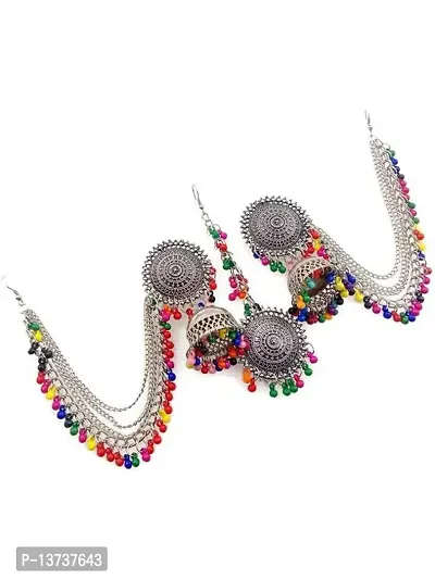 Vembley Traditional Antique Multicolor Beats Bahubali Long Chain Jhumka Earrings With Mang Tikka For Women and Girls-thumb3