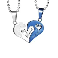 Vembley Loveable Blue Silver Stainless Steel I Love You Broken Heart Pendant Necklace-thumb4