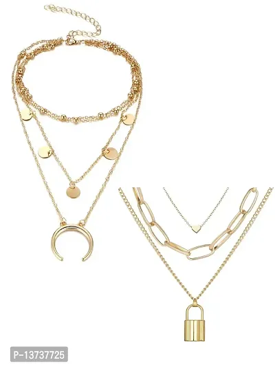 Vembley Combo of 2 Attractive Gold Plated Layered Heart Lock and Half Moon Pendant Necklace