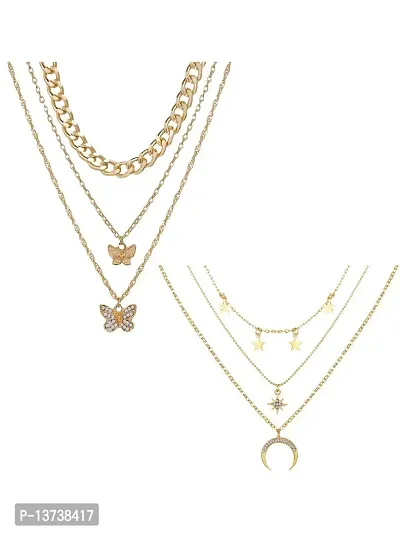 Vembley Combo Of 2 Charming Gold Plated Triple Layered Stars Moon  Butterfly Pendant Necklace For Women and Girls