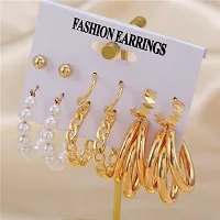 Vembley Combo of 6 Pair Fancy Gold Plated Chain Pearl Hoop Earrings-thumb4