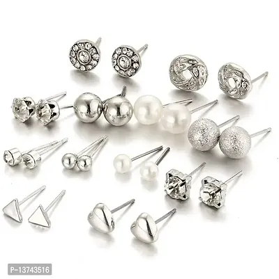 Vembley Combo Of 12 Pair Silver Studded Pearl Stud Earrings For Women and Girls