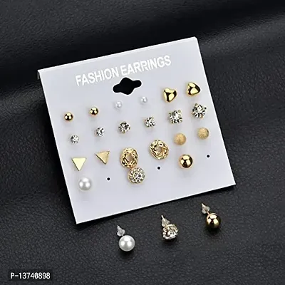 Vembley Combo Of 12 Pair Golden Studded Pearl Stud Earrings For Women and Girls-thumb3